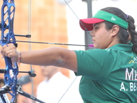 Andrea Maya Becerra of Mexico competes against Dafne Quintero of Mexico (not in picture) during the women's compound bronze medal match on t...