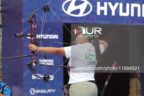 Dafne Quintero of Mexico competes against Andrea Maya Becerra of Mexico (not in picture) during the women's compound bronze medal match on t...