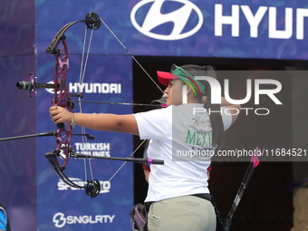 Dafne Quintero of Mexico competes against Andrea Maya Becerra of Mexico (not in picture) during the women's compound bronze medal match on t...