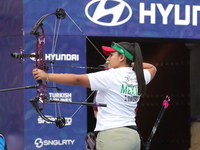 Dafne Quintero of Mexico competes against Andrea Maya Becerra of Mexico (not in picture) during the women's compound bronze medal match on t...