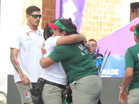 Andrea Maya Becerra of Mexico and Dafne Quintero of Mexico compete during the women's compound bronze medal match on the second day of the T...