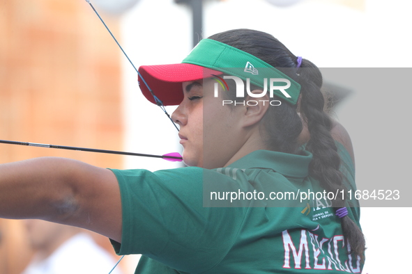 Andrea Maya Becerra of Mexico competes against Dafne Quintero of Mexico (not in picture) during the women's compound bronze medal match on t...