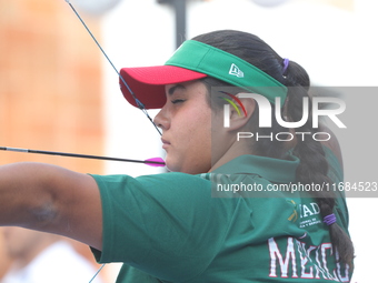 Andrea Maya Becerra of Mexico competes against Dafne Quintero of Mexico (not in picture) during the women's compound bronze medal match on t...