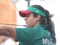 Andrea Maya Becerra of Mexico competes against Dafne Quintero of Mexico (not in picture) during the women's compound bronze medal match on t...