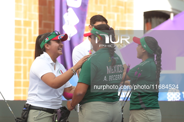 Andrea Maya Becerra of Mexico and Dafne Quintero of Mexico compete during the women's compound bronze medal match on the second day of the T...