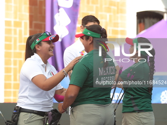 Andrea Maya Becerra of Mexico and Dafne Quintero of Mexico compete during the women's compound bronze medal match on the second day of the T...