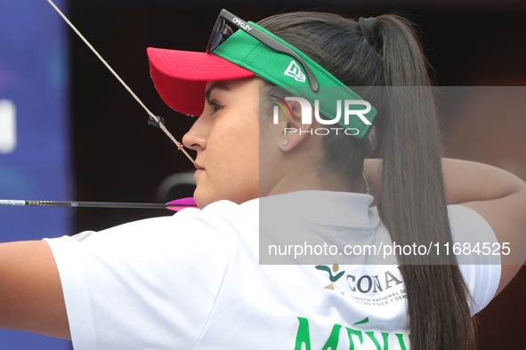 Dafne Quintero of Mexico competes against Andrea Maya Becerra of Mexico (not in picture) during the women's compound bronze medal match on t...