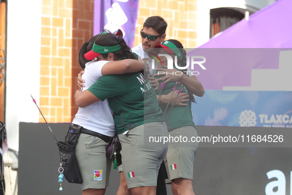 Andrea Maya Becerra of Mexico and Dafne Quintero of Mexico compete during the women's compound bronze medal match on the second day of the T...