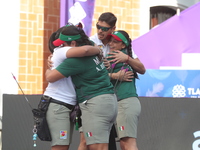 Andrea Maya Becerra of Mexico and Dafne Quintero of Mexico compete during the women's compound bronze medal match on the second day of the T...