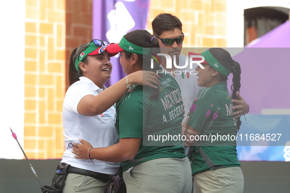 Andrea Maya Becerra of Mexico and Dafne Quintero of Mexico compete during the women's compound bronze medal match on the second day of the T...