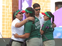 Andrea Maya Becerra of Mexico and Dafne Quintero of Mexico compete during the women's compound bronze medal match on the second day of the T...