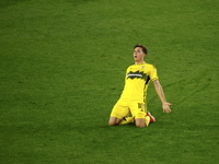 Columbus FC's Malte Amundsen (18) celebrates the winning goal with teammates during the MLS League match between Columbus FC and New York Re...