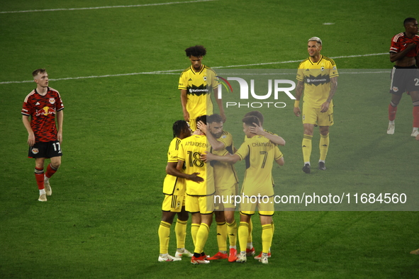 Columbus FC's Malte Amundsen (18) celebrates the winning goal with teammates during the MLS League match between Columbus FC and New York Re...