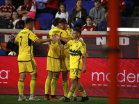 Columbus FC's Yevhen Cheberko (21) celebrates the winning goal with teammates during the MLS League match between Columbus FC and New York R...