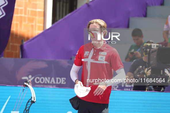 Mathias Fullerton of Denmark competes against James Lutz of the United States (not in picture) during the men's compound gold medal match on...