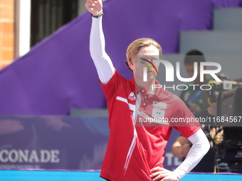 Mathias Fullerton of Denmark competes against James Lutz of the United States (not in picture) during the men's compound gold medal match on...