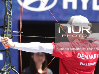 Mathias Fullerton of Denmark competes against James Lutz of the United States (not in picture) during the men's compound gold medal match on...