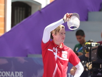 Mathias Fullerton of Denmark competes against James Lutz of the United States (not in picture) during the men's compound gold medal match on...