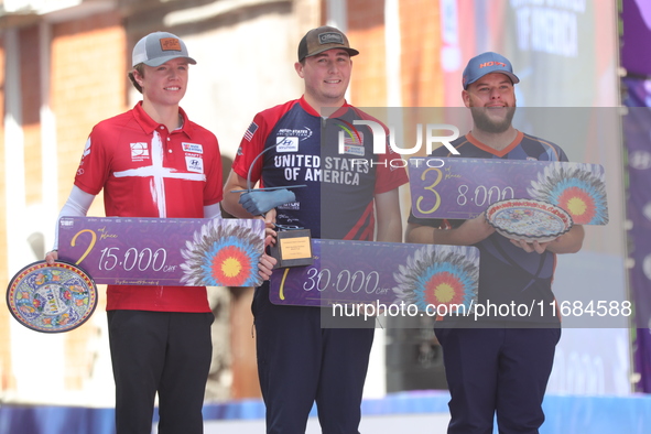 (L-R) Silver medalist Mathias Fullerton of Denmark, gold medalist James Lutz of the United States, and bronze medalist Mike Schloesser of th...