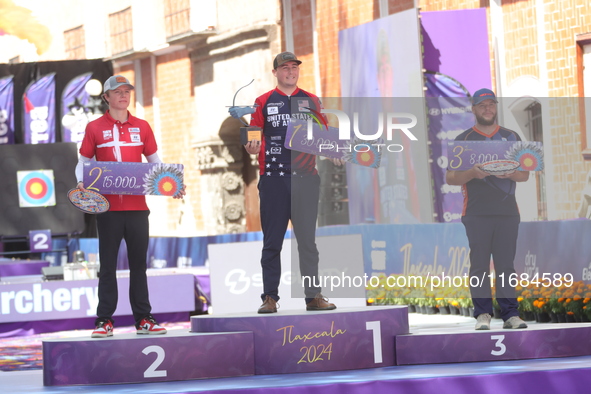 (L-R) Silver medalist Mathias Fullerton of Denmark, gold medalist James Lutz of the United States, and bronze medalist Mike Schloesser of th...