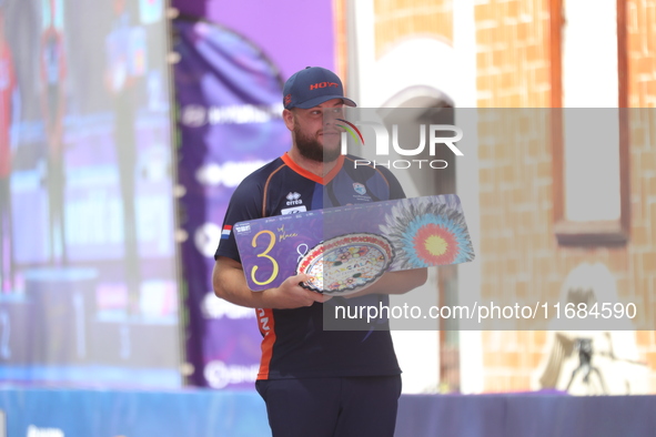 Bronze medalist Mike Schloesser of the Netherlands stands during the medal ceremony on the second day of the Tlaxcala 2024 Archery World Cup...