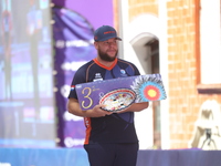 Bronze medalist Mike Schloesser of the Netherlands stands during the medal ceremony on the second day of the Tlaxcala 2024 Archery World Cup...