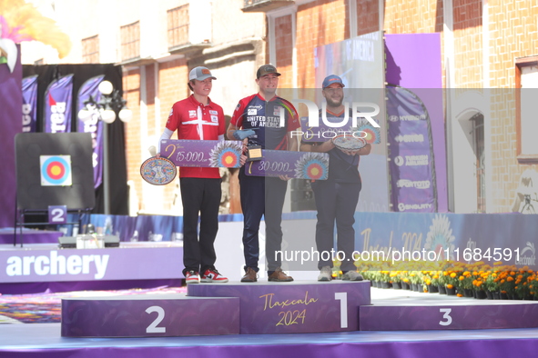 (L-R) Silver medalist Mathias Fullerton of Denmark, gold medalist James Lutz of the United States, and bronze medalist Mike Schloesser of th...