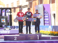 (L-R) Silver medalist Mathias Fullerton of Denmark, gold medalist James Lutz of the United States, and bronze medalist Mike Schloesser of th...