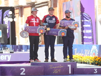 (L-R) Silver medalist Mathias Fullerton of Denmark, gold medalist James Lutz of the United States, and bronze medalist Mike Schloesser of th...