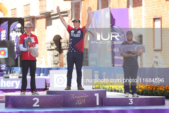 (L-R) Silver medalist Mathias Fullerton of Denmark, gold medalist James Lutz of the United States, and bronze medalist Mike Schloesser of th...