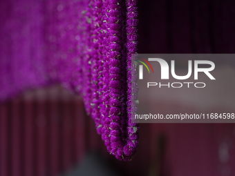 Globe amaranth (Makhamali) flower garlands are ready to sell in the market for the Tihar festival celebration in Bhaktapur, Nepal, on Octobe...