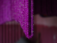 Globe amaranth (Makhamali) flower garlands are ready to sell in the market for the Tihar festival celebration in Bhaktapur, Nepal, on Octobe...