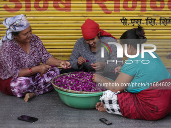 Nepalese women weave globe amaranth (Makhamali) flowers to make garlands to sell in the market for the Tihar festival celebration in Bhaktap...