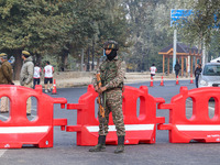 An Indian paramilitary soldier stands alert during the Kashmir Marathon in Srinagar, Jammu and Kashmir, on October 20, 2024. Kashmir hosts i...