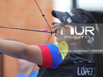 Sara Lopez of Colombia competes against Meeri-Marita Paas of Estonia (not in picture) during the women's compound gold medal match on the se...