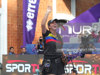 Sara Lopez of Colombia competes against Meeri-Marita Paas of Estonia (not in picture) during the women's compound gold medal match on the se...