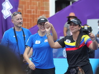 Meeri-Marita Paas of Estonia and Sara Lopez of Colombia compete during the women's compound gold medal match on the second day of the Tlaxca...