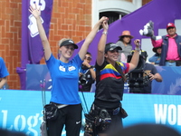 Meeri-Marita Paas of Estonia and Sara Lopez of Colombia compete during the women's compound gold medal match on the second day of the Tlaxca...