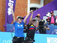 Meeri-Marita Paas of Estonia and Sara Lopez of Colombia compete during the women's compound gold medal match on the second day of the Tlaxca...