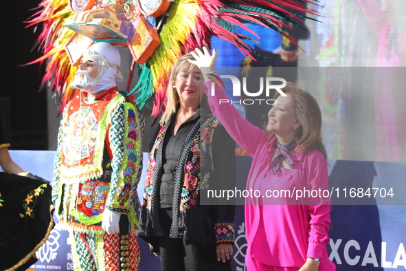 Governor of Tlaxcala Lorena Cuellar Cisneros participates in the medal ceremony on the second day of the Tlaxcala 2024 Archery World Cup Fin...