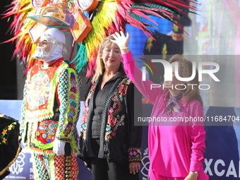 Governor of Tlaxcala Lorena Cuellar Cisneros participates in the medal ceremony on the second day of the Tlaxcala 2024 Archery World Cup Fin...