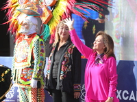 Governor of Tlaxcala Lorena Cuellar Cisneros participates in the medal ceremony on the second day of the Tlaxcala 2024 Archery World Cup Fin...