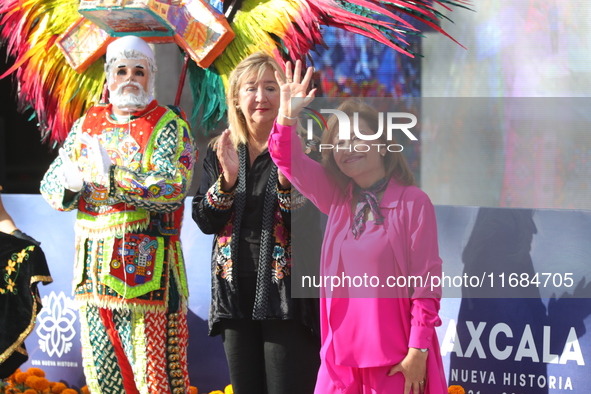 Governor of Tlaxcala Lorena Cuellar Cisneros participates in the medal ceremony on the second day of the Tlaxcala 2024 Archery World Cup Fin...