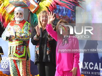 Governor of Tlaxcala Lorena Cuellar Cisneros participates in the medal ceremony on the second day of the Tlaxcala 2024 Archery World Cup Fin...