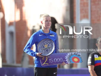 Silver medalist Meeri-Marita Paas of Estonia participates in the medal ceremony on the second day of the Tlaxcala 2024 Archery World Cup Fin...