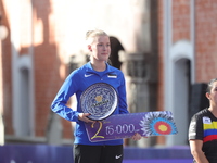 Silver medalist Meeri-Marita Paas of Estonia participates in the medal ceremony on the second day of the Tlaxcala 2024 Archery World Cup Fin...