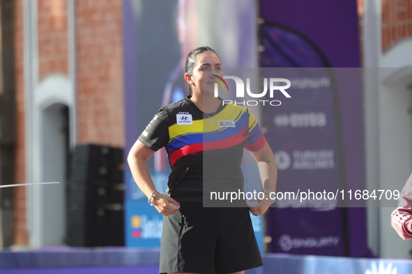 Gold medalist Sara Lopez of Colombia participates in the medal ceremony on the second day of the Tlaxcala 2024 Archery World Cup Final in Tl...