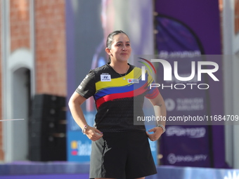 Gold medalist Sara Lopez of Colombia participates in the medal ceremony on the second day of the Tlaxcala 2024 Archery World Cup Final in Tl...