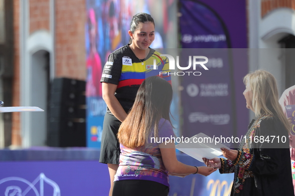 Gold medalist Sara Lopez of Colombia participates in the medal ceremony on the second day of the Tlaxcala 2024 Archery World Cup Final in Tl...