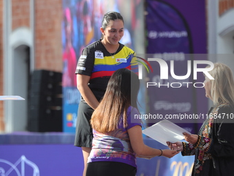 Gold medalist Sara Lopez of Colombia participates in the medal ceremony on the second day of the Tlaxcala 2024 Archery World Cup Final in Tl...